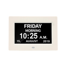 (White) 7" Digital Day Clock LED Alarm Clock Extra Large Non-Abbreviated Day & Month