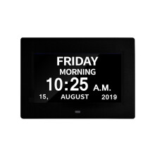 (Black) 7" Digital Day Clock LED Alarm Clock Extra Large Non-Abbreviated Day & Month