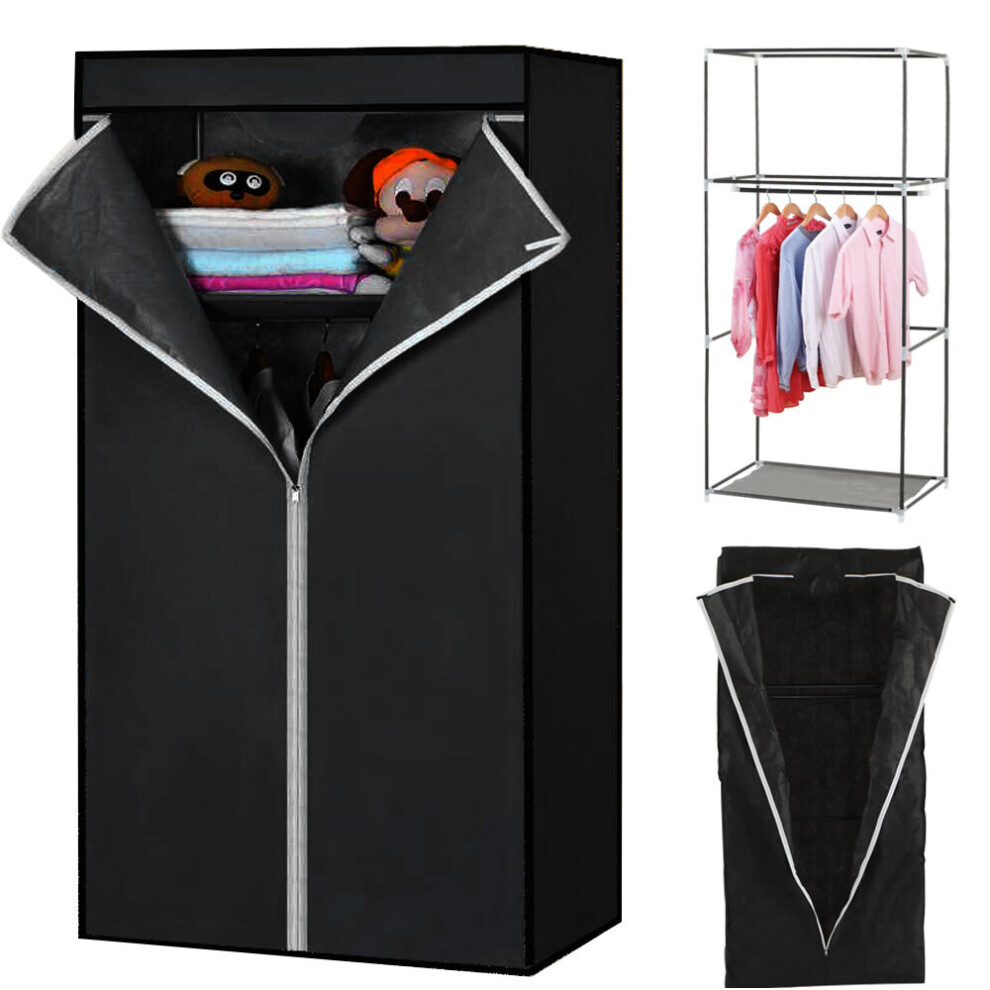 (Black) Canvas Wardrobe with Hanging Rail Closets-image-OPC-P6MXDYZ-NEW