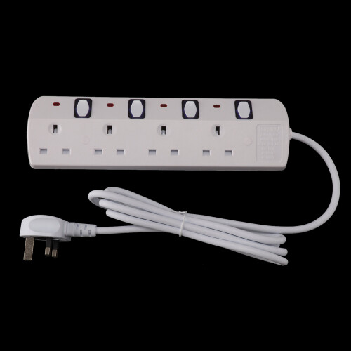 4 WAY Switched Mains Extension Lead Plug Socket Individual Switch 2M 2