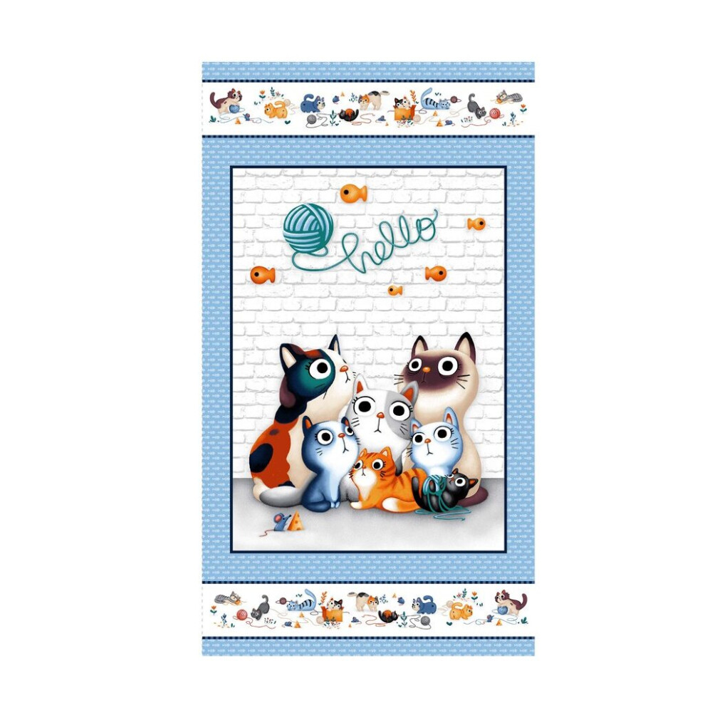 Feline Friends Hello Cat Panel 100% Cotton Print Fabric