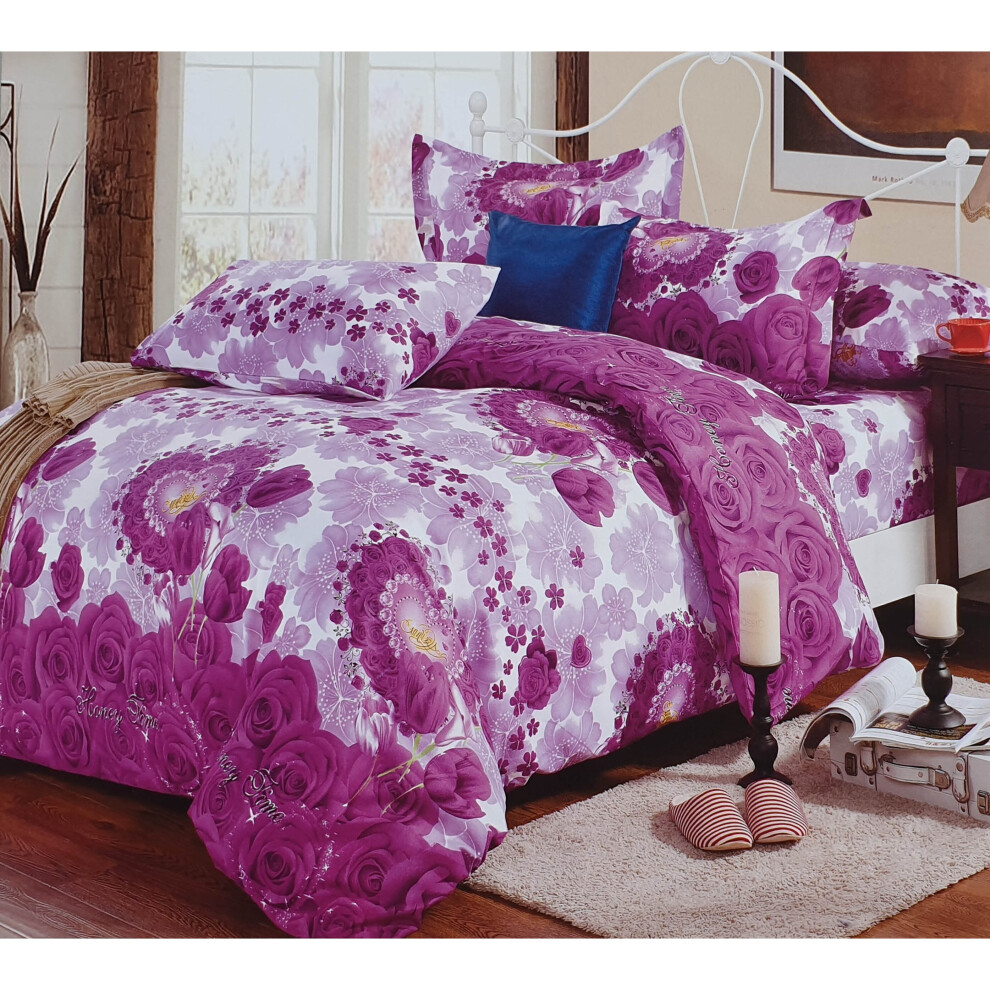 (Roses Purple, Double) Duvet Cover set Bedding Set Double King Size 90GSM