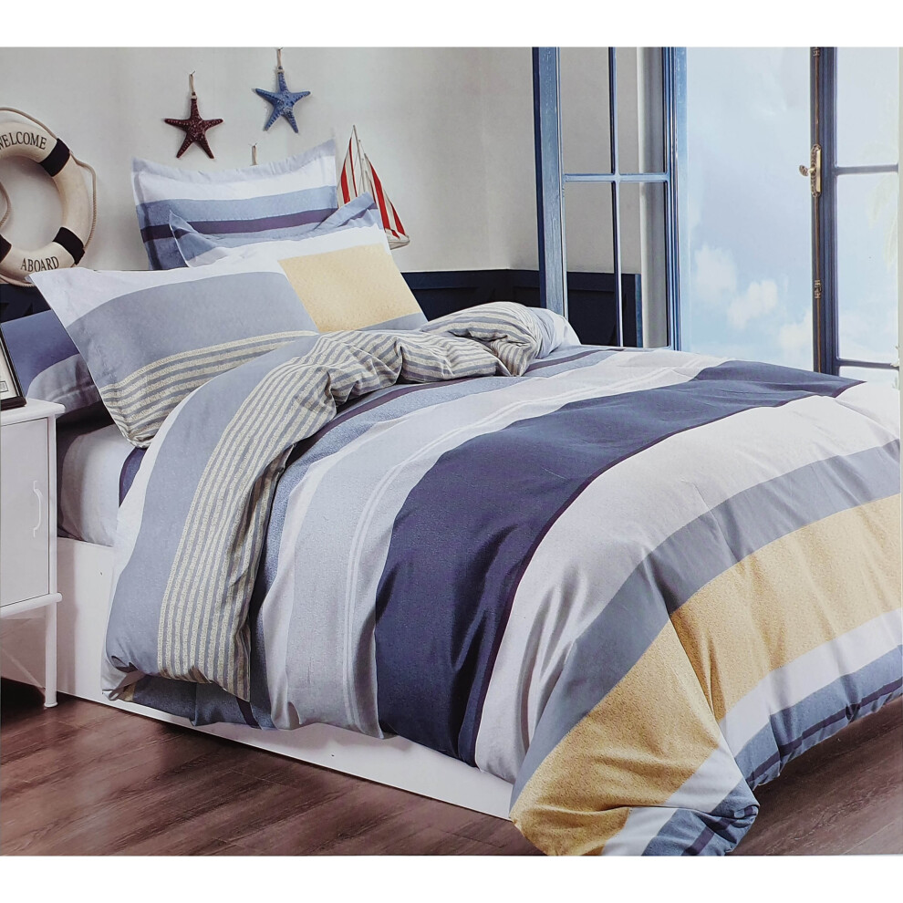 (Stripe Blue Mustard, King) Duvet Cover set Bedding Set Double King Size 90GSM