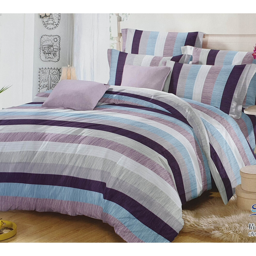 (Stripe Purple Blue, Double) Duvet Cover set Bedding Set Double King Size 90GSM