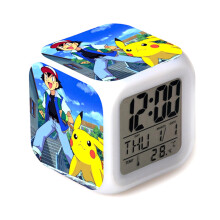 Pokemon Pikachu LED Color-Changing Thermometer Alarm Clock with 12/24h Time, Temperature Display, Snooze & Colorful Night Light