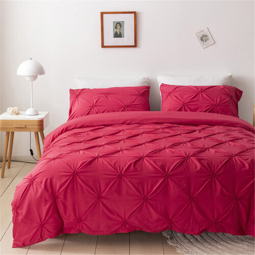 (Wine Red, Double-200x200cm) Pinch Pleated Pintuck Bedding Sets Solid Color 1
