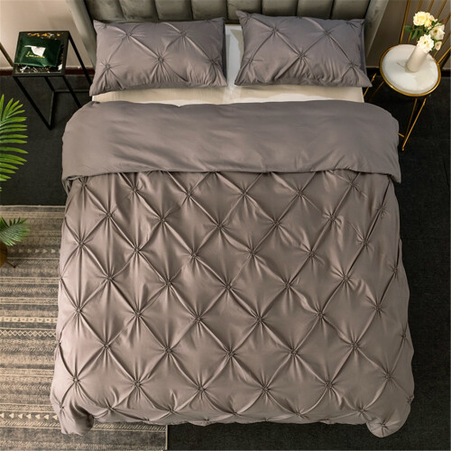 (Grey, Super King-260x230cm) Pinch Pleated Pintuck Bedding Sets Solid Color 1