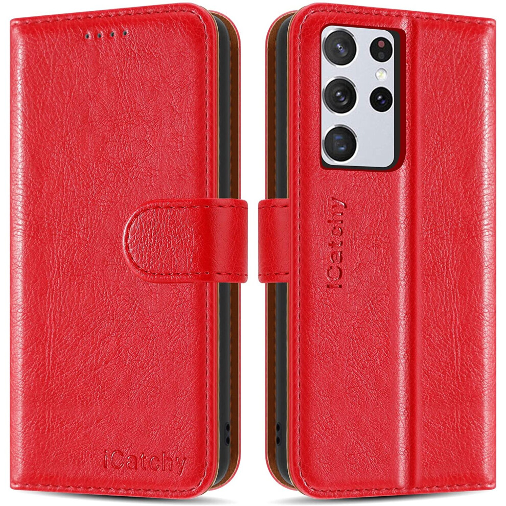 (Red) For Samsung Galaxy S21 Ultra 5G Leather Case Red 5056298007691