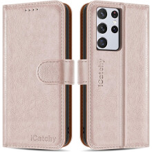 (Rose Gold) For Samsung Galaxy S21 Ultra 5G Leather Case