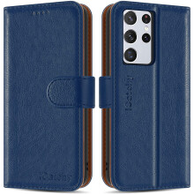 (Blue) For Samsung Galaxy S21 Ultra 5G Leather Case