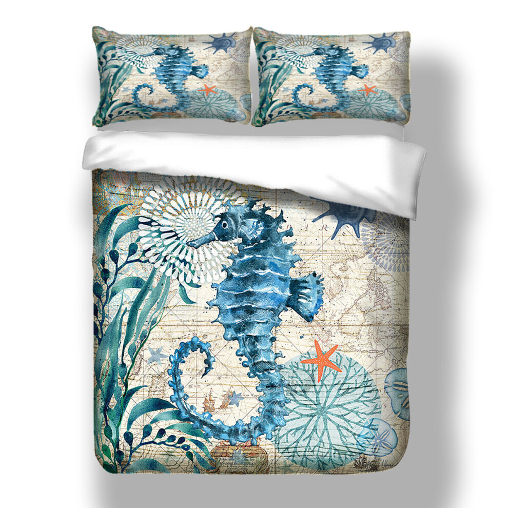 (Hippocampus, Single) Turtles /Whale/Dolphines/Octopus Pattern Bedding Sets for Boys and Girls,Marine Animals Duvet Cover Set