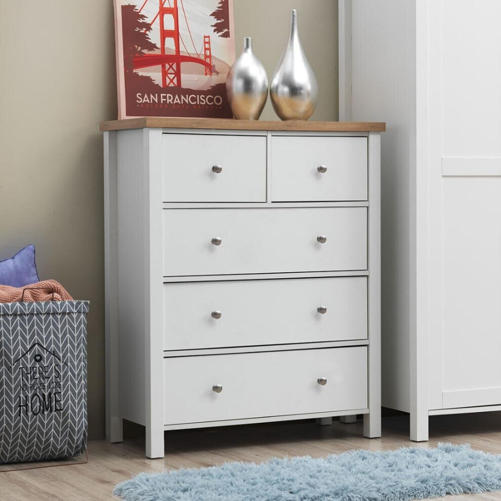 Astbury 3+2 5 Drawer Bedroom Cabinet Chest of Drawers White and Oak