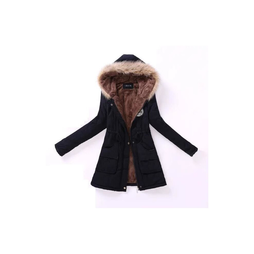 (Black, S) Warm Fur Collar Hooded Jacket Slim Parka Outwear
