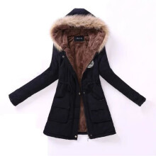 (Black, 3XL) Warm Fur Collar Hooded Jacket Slim Parka Outwear