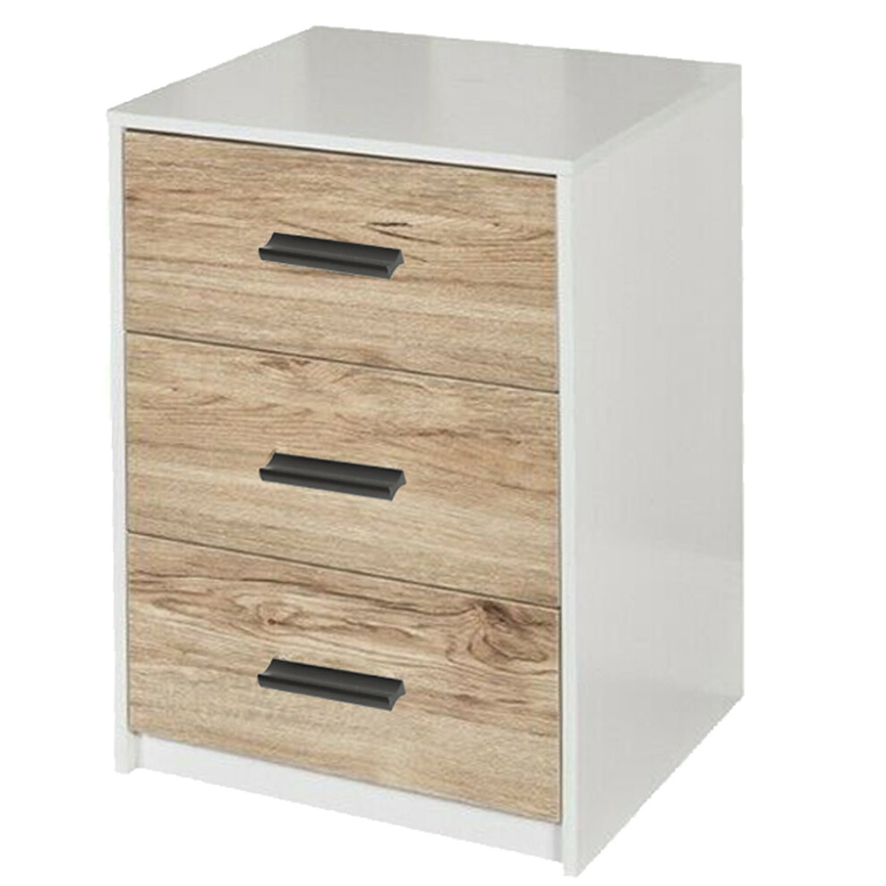 (White Carcass with Oak Drawers) 3 Tier Wooden Bedside Nightstand Cabinet Table