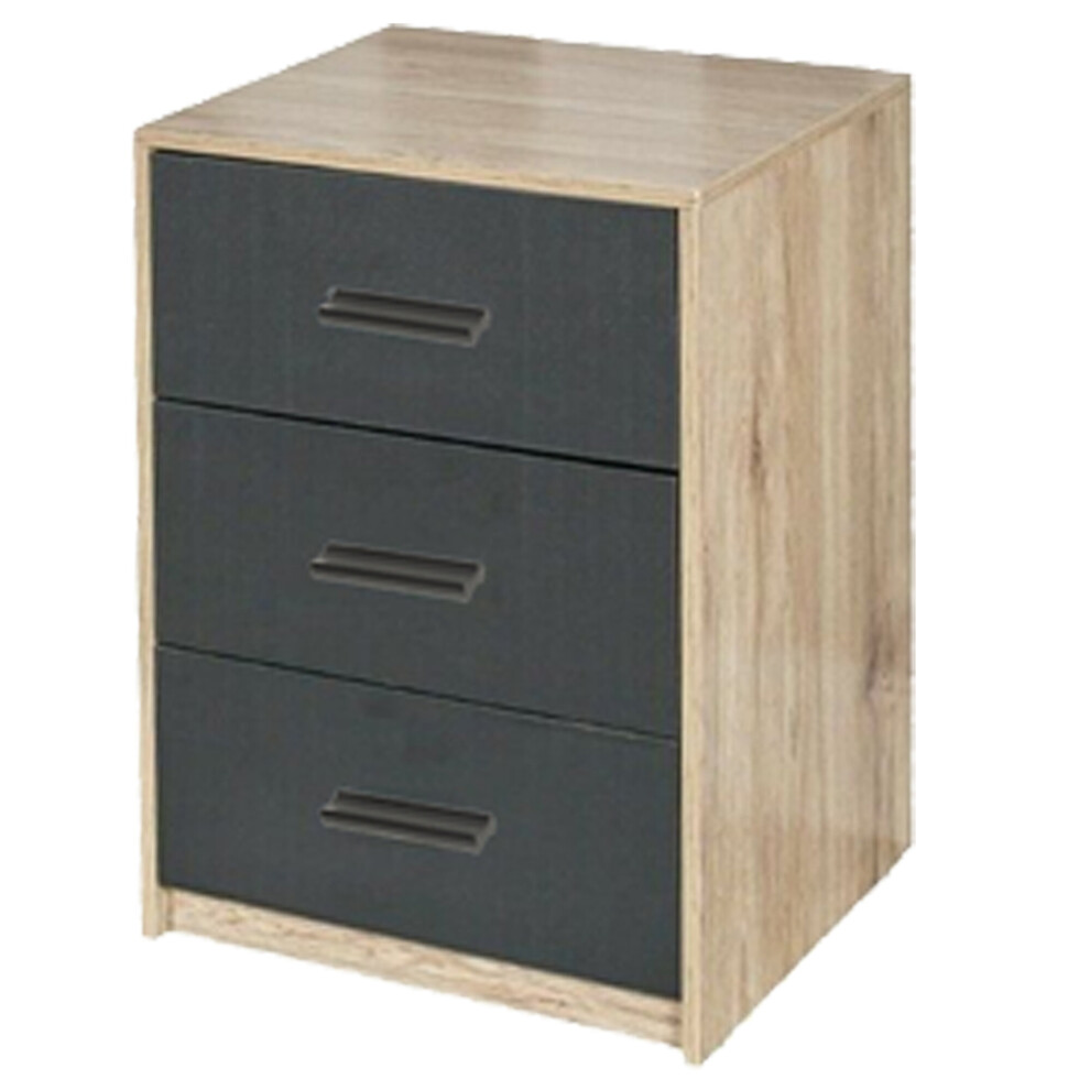 (Oak Carcass with Black Drawers) 3 Tier Wooden Bedside Nightstand Cabinet Table