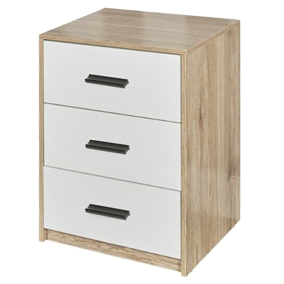 (Oak Carcass with White Drawers) 3 Tier Wooden Bedside Nightstand Cabinet Table