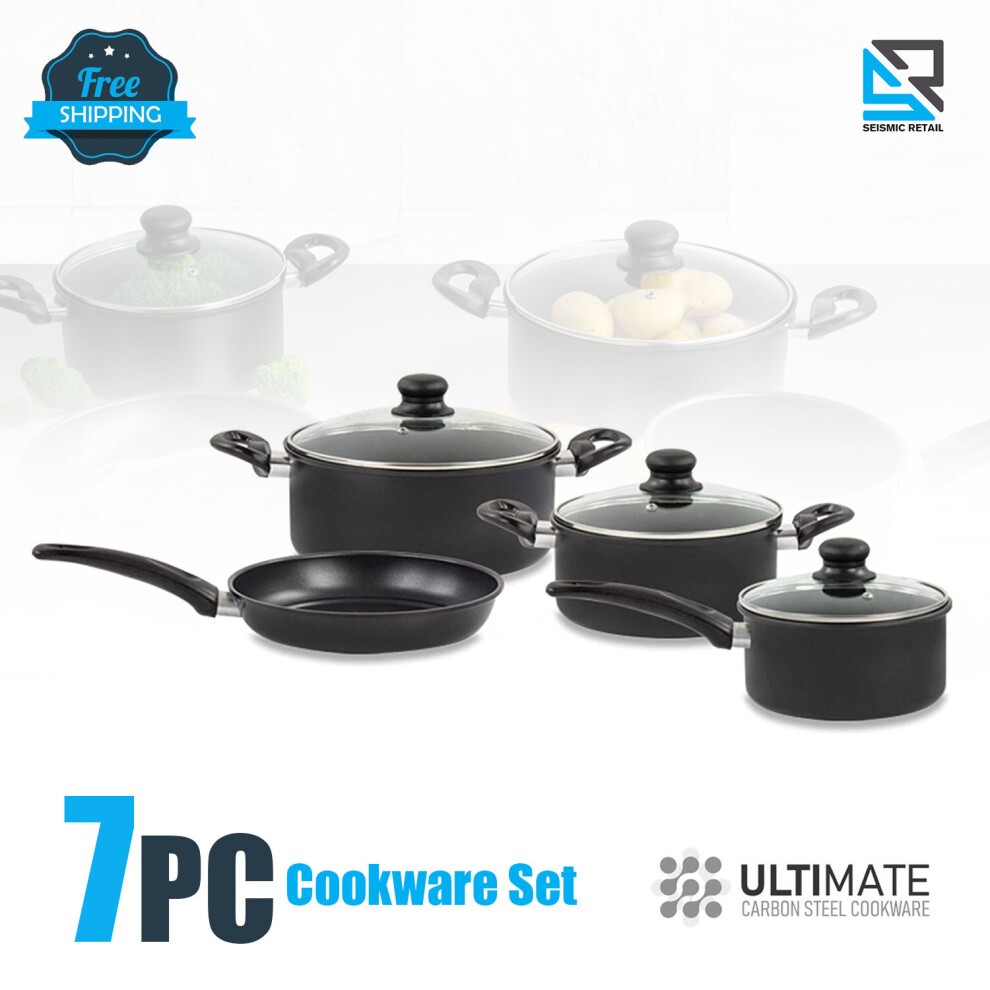 7PC Carbon Steel Non Stick Pan Set Cooking Pot With Glass Lid Cookware