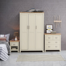 Lisbon 3 Piece Bedroom Set 3 Door Wardrobe 4 Drawer Chest 1 Drawer Bedside Table Cream