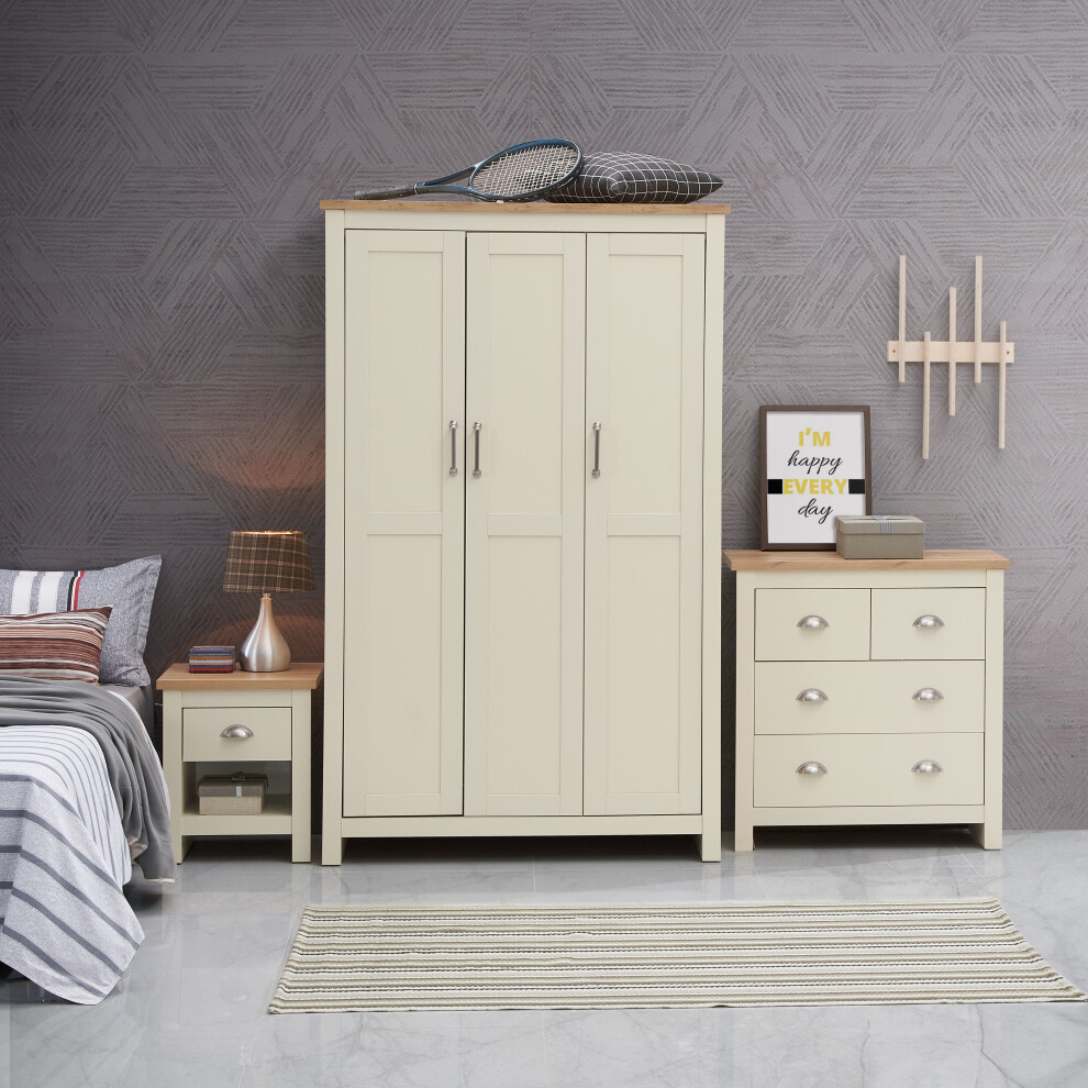 Lisbon 3 Piece Bedroom Set 3 Door Wardrobe 4 Drawer Chest 1 Drawer Bedside Table Cream