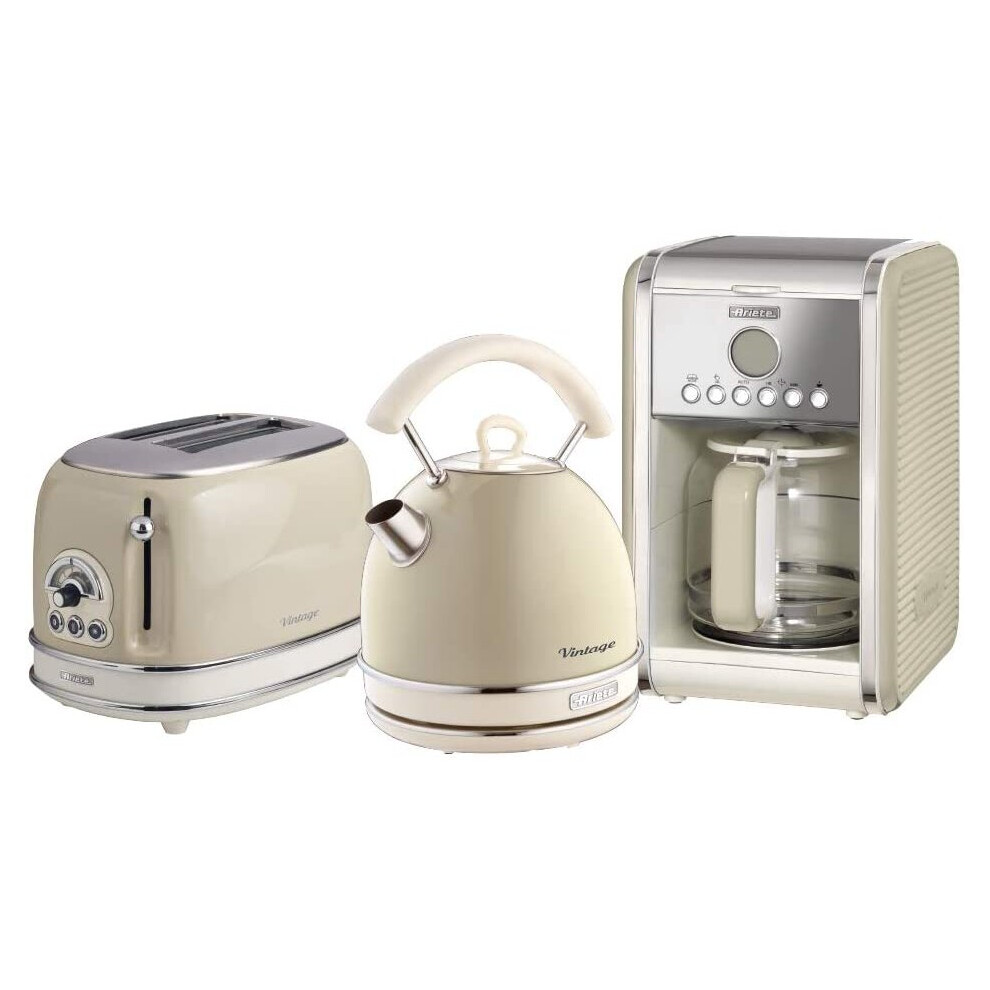Ariete ARPK13 Retro Style Dome Kettle, 2 Slice Toaster and Filter Coffee Machine Set, Vintage Design - Cream