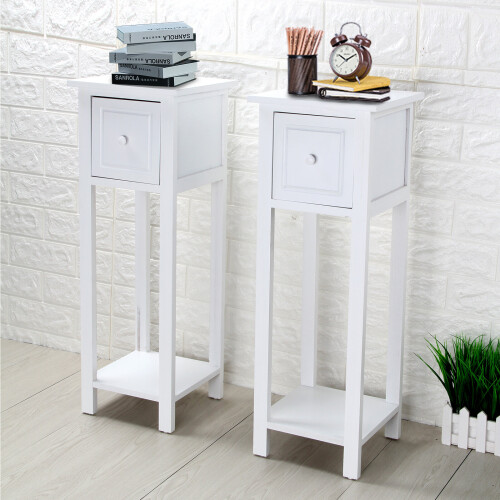 New Pair of Tall Slim Bedside Tables Narrow Bedroom Hallway Wood White on OnBuy