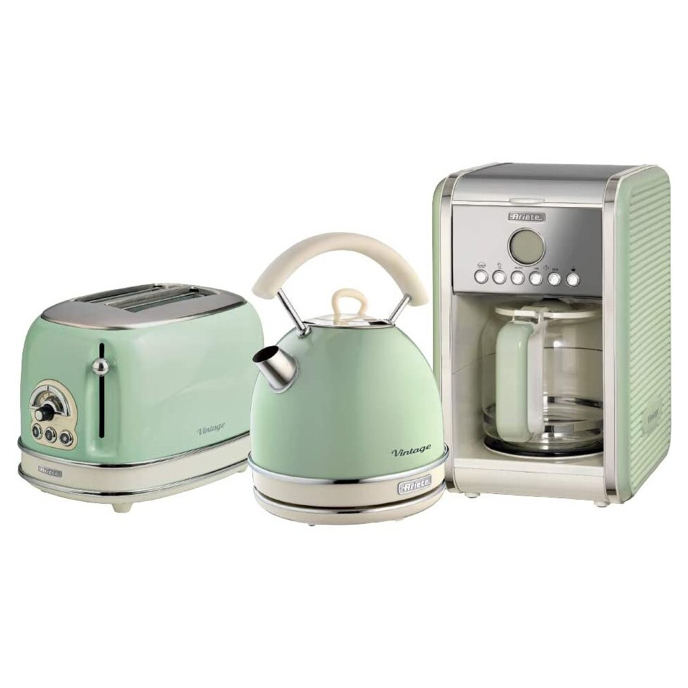 Ariete ARPK14 Retro Style Dome Kettle, 2 Slice Toaster and Filter Coffee Machine Set, Vintage Design - Green