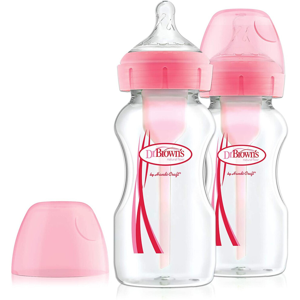 Dr Brown's Options+ Anti-Colic Wide Neck Baby Bottles, 270ml Pink Twin Pack