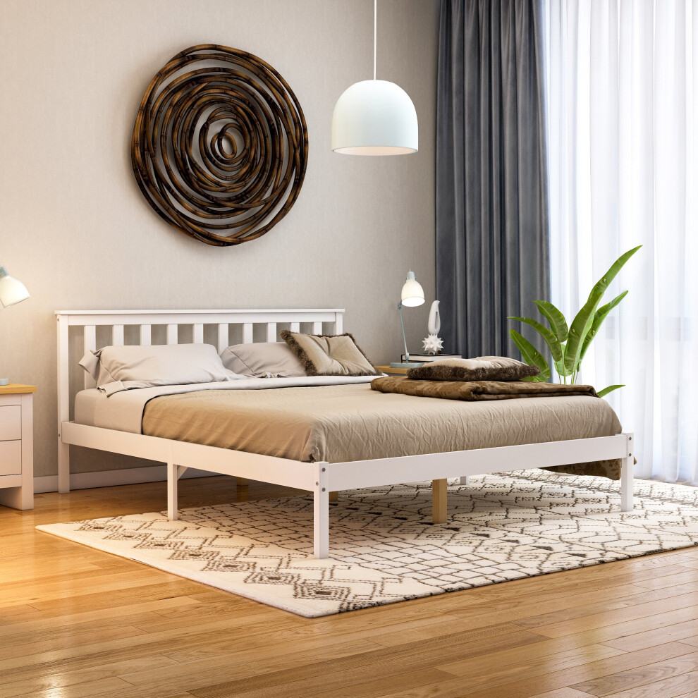 (King Size, White) Milan Wood Bed Frame Low Foot Solid Pine Slatted