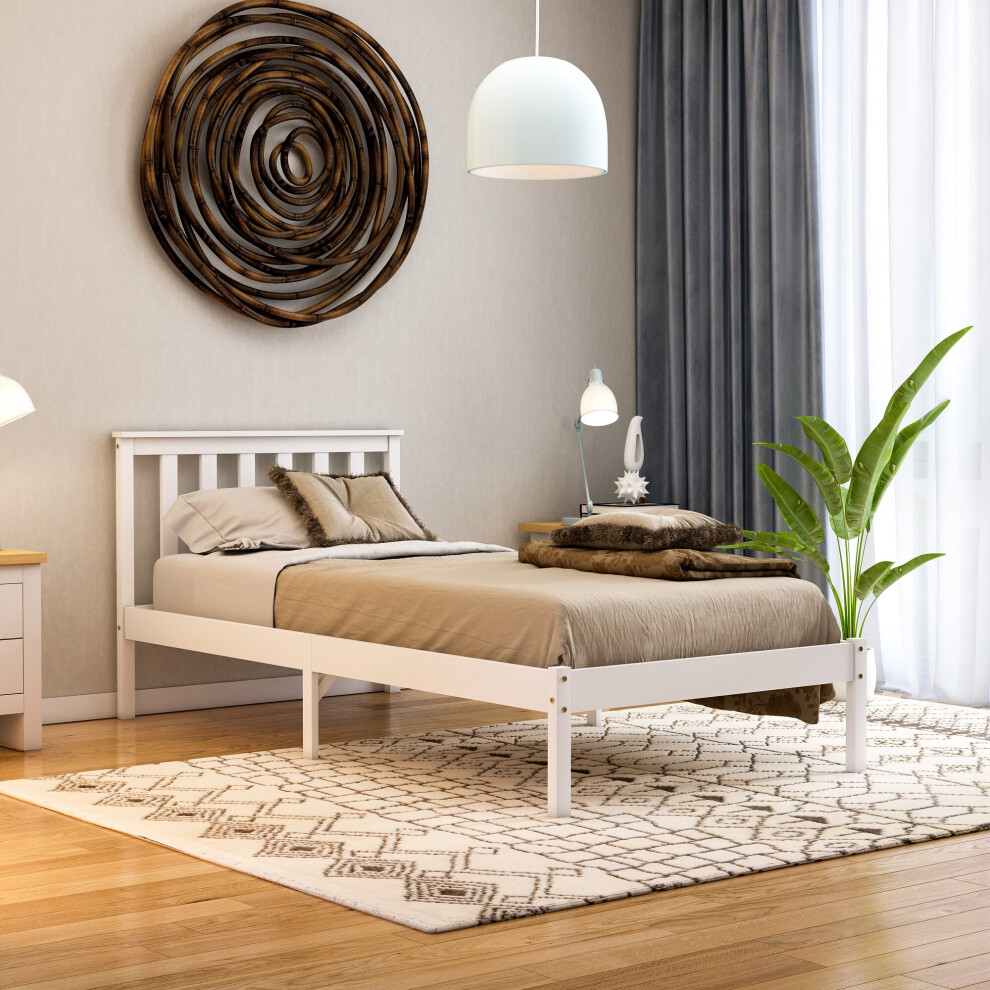 (Single, White) Milan Wood Bed Frame Low Foot Solid Pine Slatted