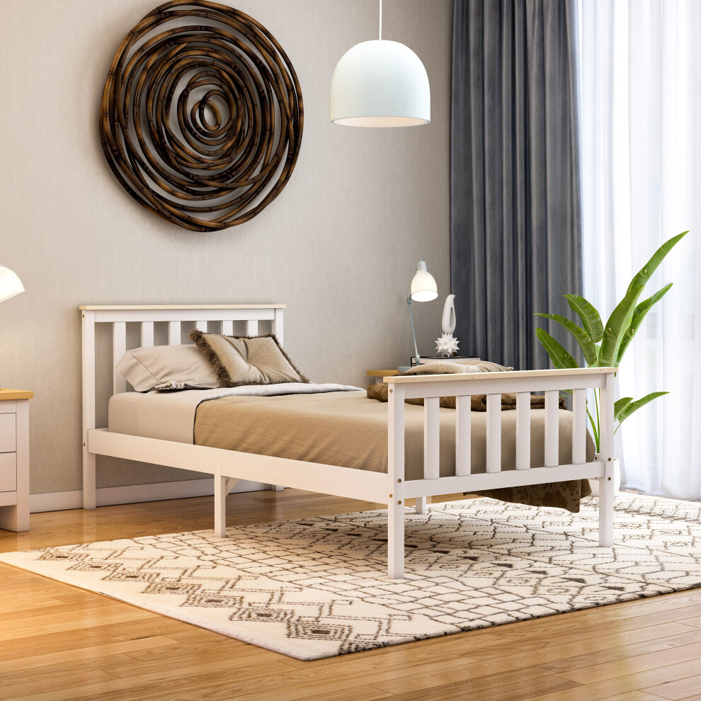 (Single, White & Pine) Milan Wood Bed Frame High Foot Solid Pine Slatted