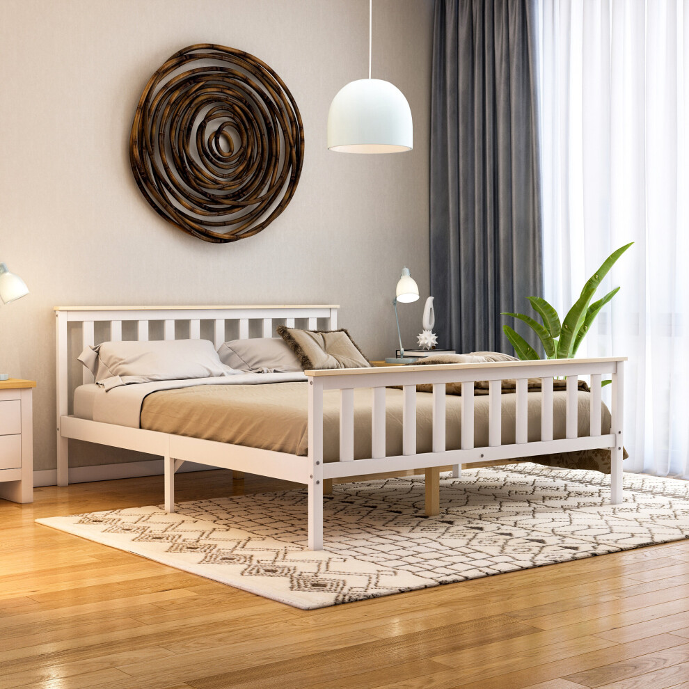 (King Size, White & Pine) Milan Wood Bed Frame High Foot Solid Pine Slatted