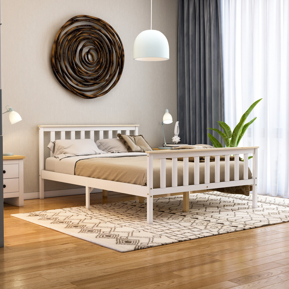 (Double, White & Pine) Milan Wood Bed Frame High Foot Solid Pine Slatted