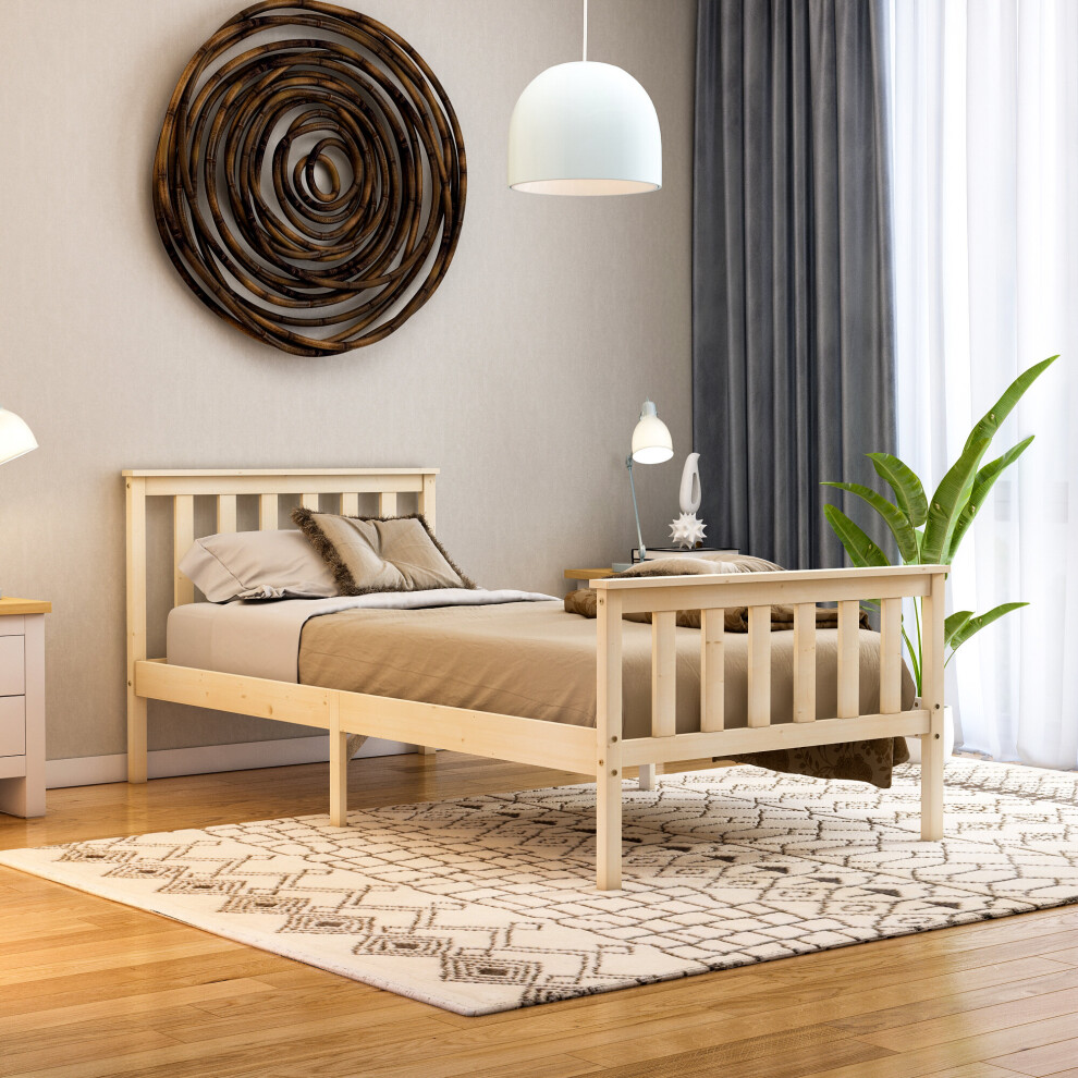 (Single, Pine) Milan Wood Bed Frame High Foot Solid Pine Slatted