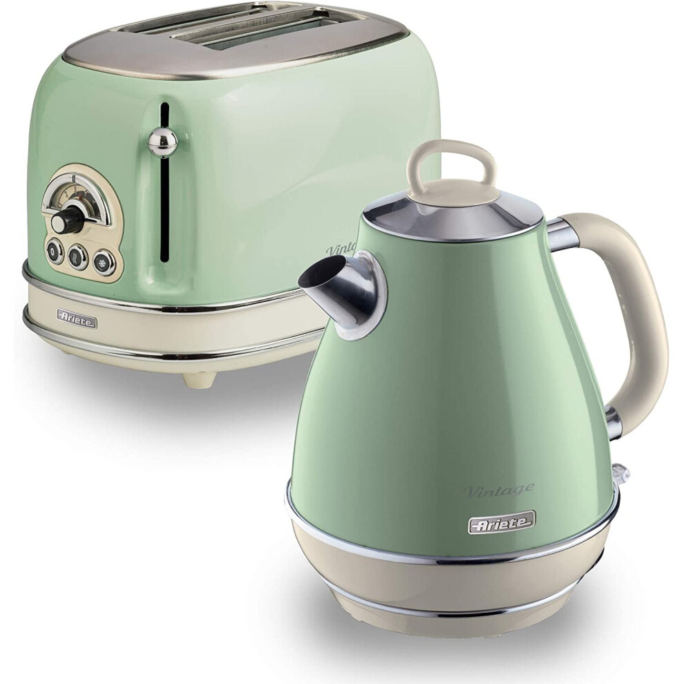 Ariete ARPK2 Retro Style Jug Kettle and 2 Slice Toaster Set, Vintage Design - Green