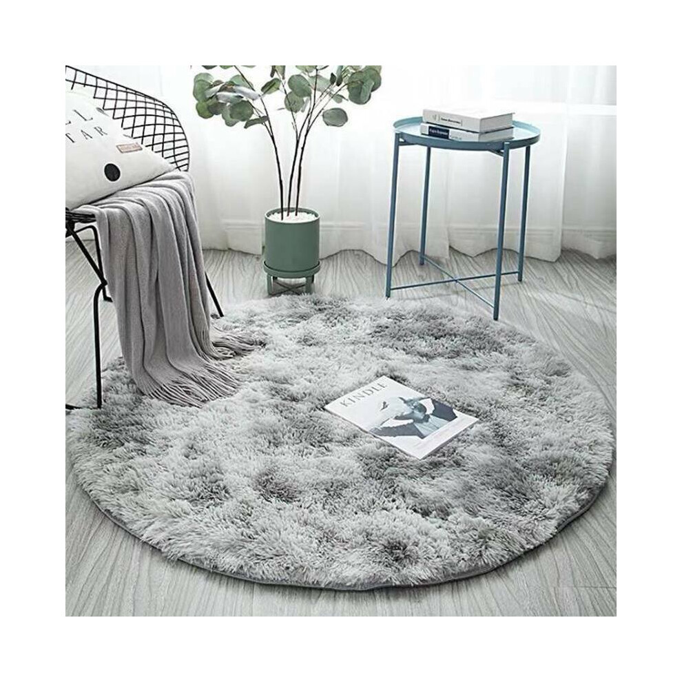 (Light 80*80Cm) Shaggy Circle Round Rug Home Office Bedroom Carpet Floor Fluffy Mat Anti-Skid Grey