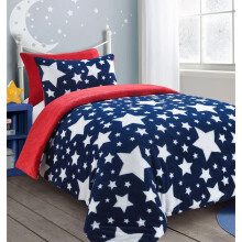 (Navy & Red , Single) Teddy Fleece Star Duvet Cover Set Soft Cosy Warm