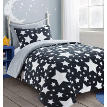 (Charcoal & Silver, Double) Teddy Fleece Star Duvet Cover Set Soft Cosy Warm