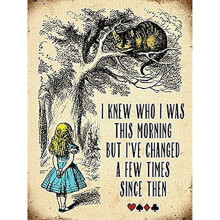 OMSC Alice in Wonderland I Knew who I was This Morning Cheshire Cat Vintage Style Metal Wall Plaque Sign 8" x 6" (og)