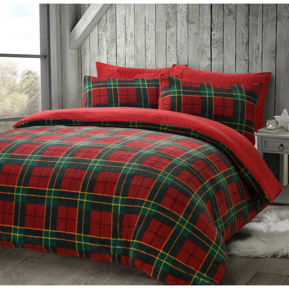 (Red, Single ) Luxury Teddy Checked Fleece Duvet Cover Set Soft Cosy Warm Check Teddy Bedding