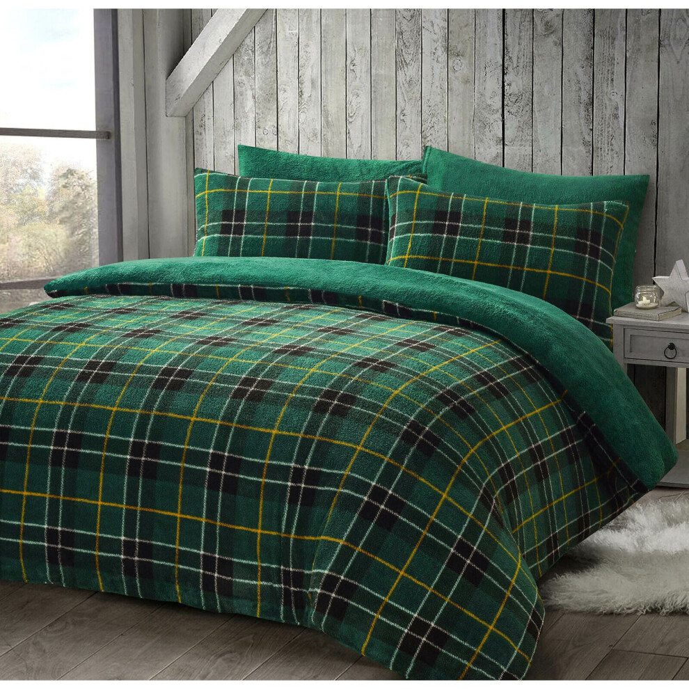 (Green, Super King ) Luxury Teddy Checked Fleece Duvet Cover Set Soft Cosy Warm Check Teddy Bedding