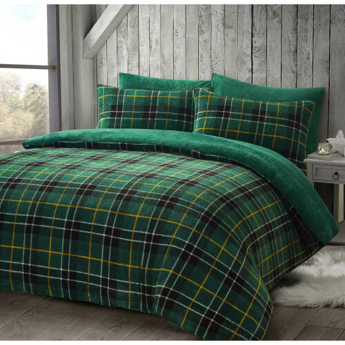 (Green, Double) Luxury Teddy Checked Fleece Duvet Cover Set Soft Cosy Warm Check Teddy Bedding