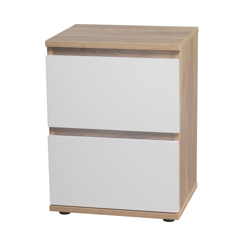 (Oak Carcass and White Drawers) 2 Drawer Wooden Bedside Cabinet Side Table