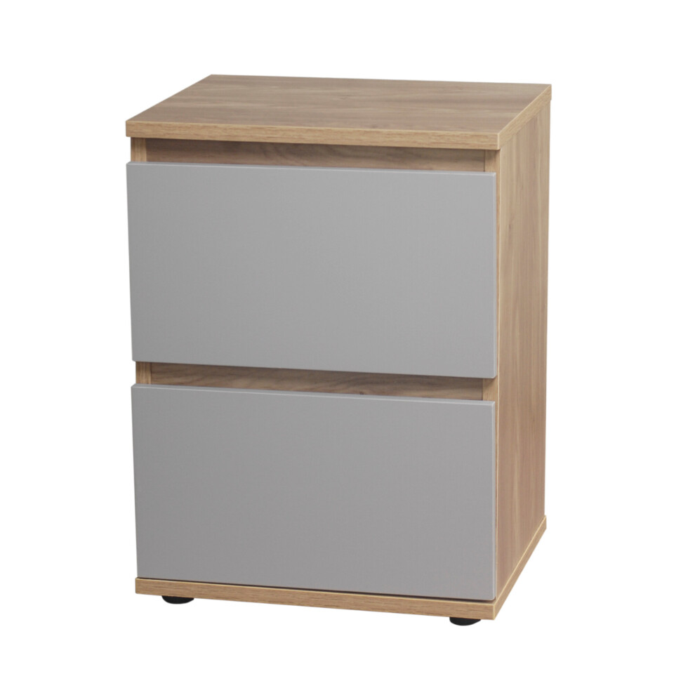 (Oak Carcass and Grey Drawers) 2 Drawer Wooden Bedside Cabinet Side Table