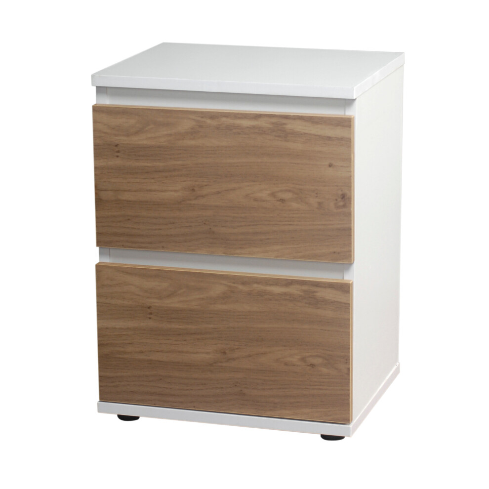 (White Carcass and Oak Drawers) 2 Drawer Wooden Bedside Cabinet Side Table