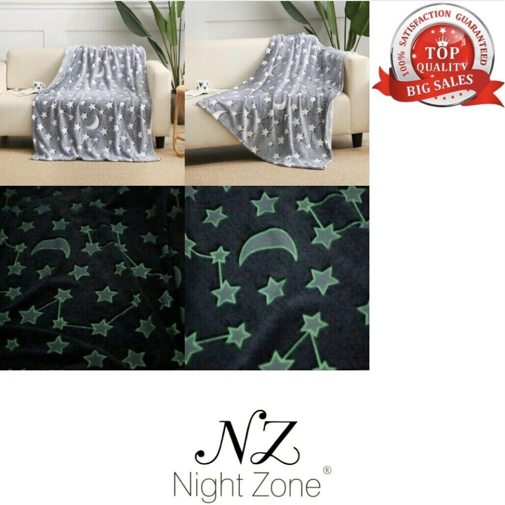 Glow In The Dark Grey Fleece Blanket Throw with Moons and Stars