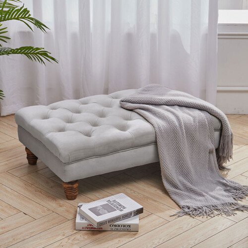 Living And Home Velvet Rectangle Buttoned Footstool With 4 Wood Legs