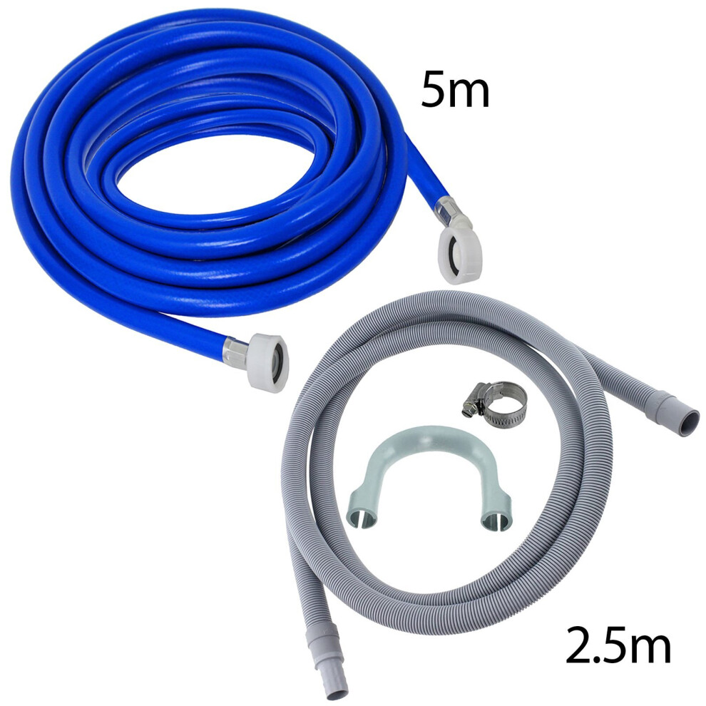 Universal Fill Hose + Drain Hose Extension Set For Beko Blomberg Washing Machine & Dishwasher 2.5M + 5M