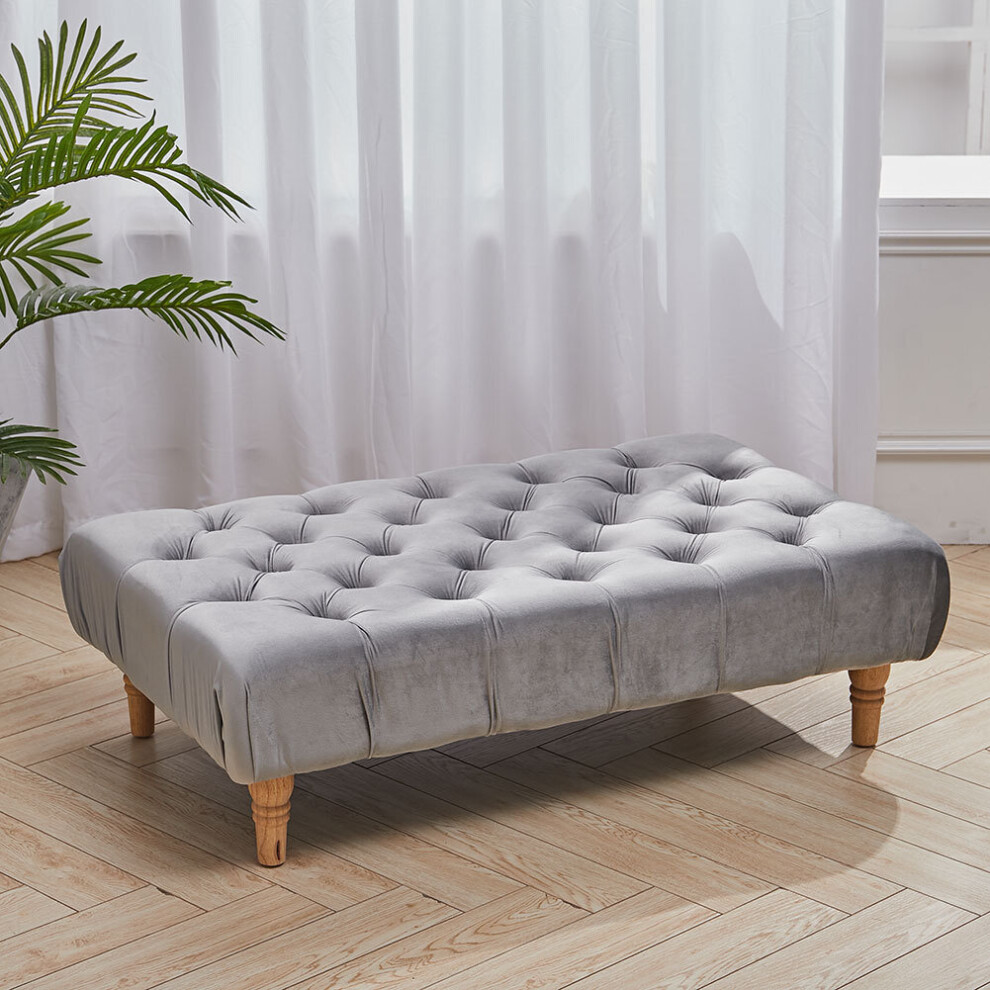 Velvet Rectangle Buttoned Footstool with 4 Wood Legs