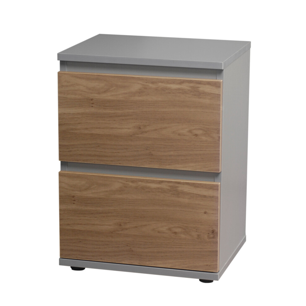 (Grey Carcass and Oak Drawers) 2 Drawer Wooden Bedside Cabinet Side Table